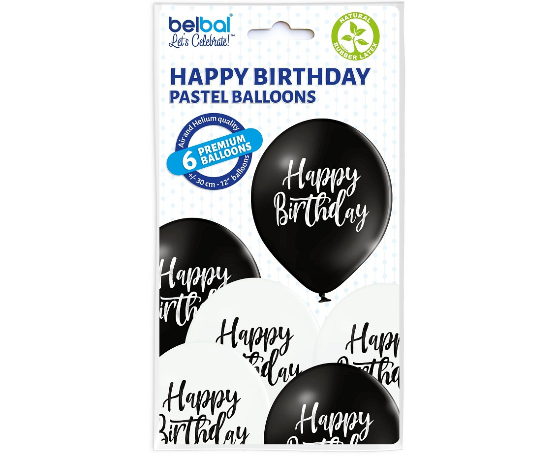 Balloons Belbal 12", D11, Happy Birthday white and black, 6 pcs